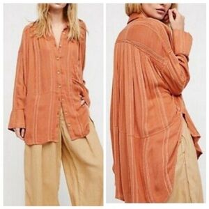 Free People | cozy nights rust orange gauze rayon textured long button down
